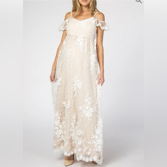 Ivory Floral Embroidered Mesh Maternity Evening Gown - Picture 2 of 12